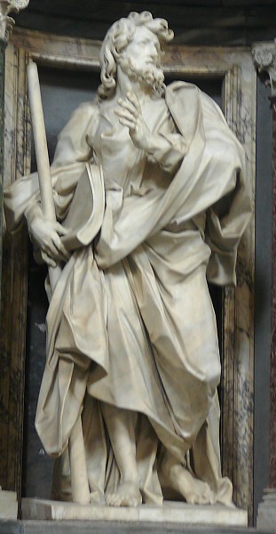 Titled “James the Less” 18th Century monumental statue by Angelo de' Rossi is one of twelve monumental statues of the apostles lining the nave of the basilica of St. John Lateran, Rome. James carries the fuller's club with which he was killed in Jerusalem.